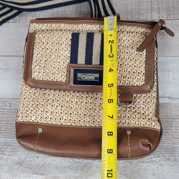 Crossbody Purse CHAPS Straw Vegan Faux Leather Cloth Strap Metal Logo Slim - Picture 13 of 16